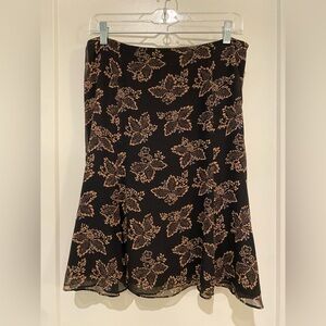 Vintage LOFT Silk Midi Skirt in black/tan/cornflower botanical motif, size 8P
